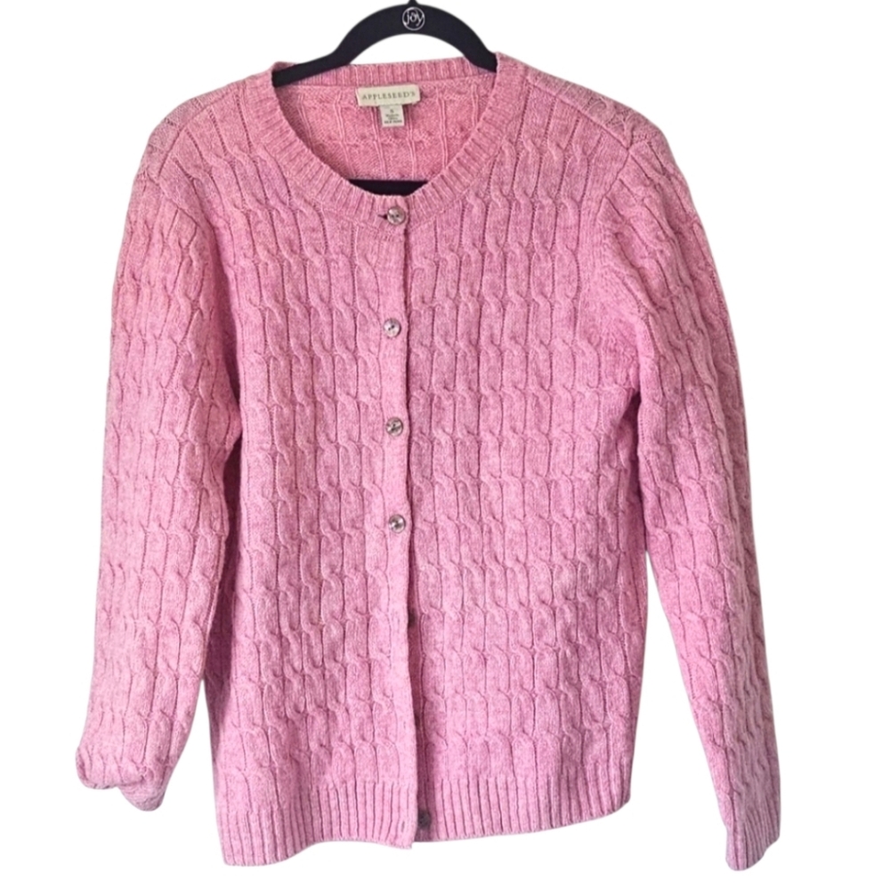 Appleseed's 100% Wool Cable Knit Cozy Cottagecore Cardigan, Light Pink, Size S